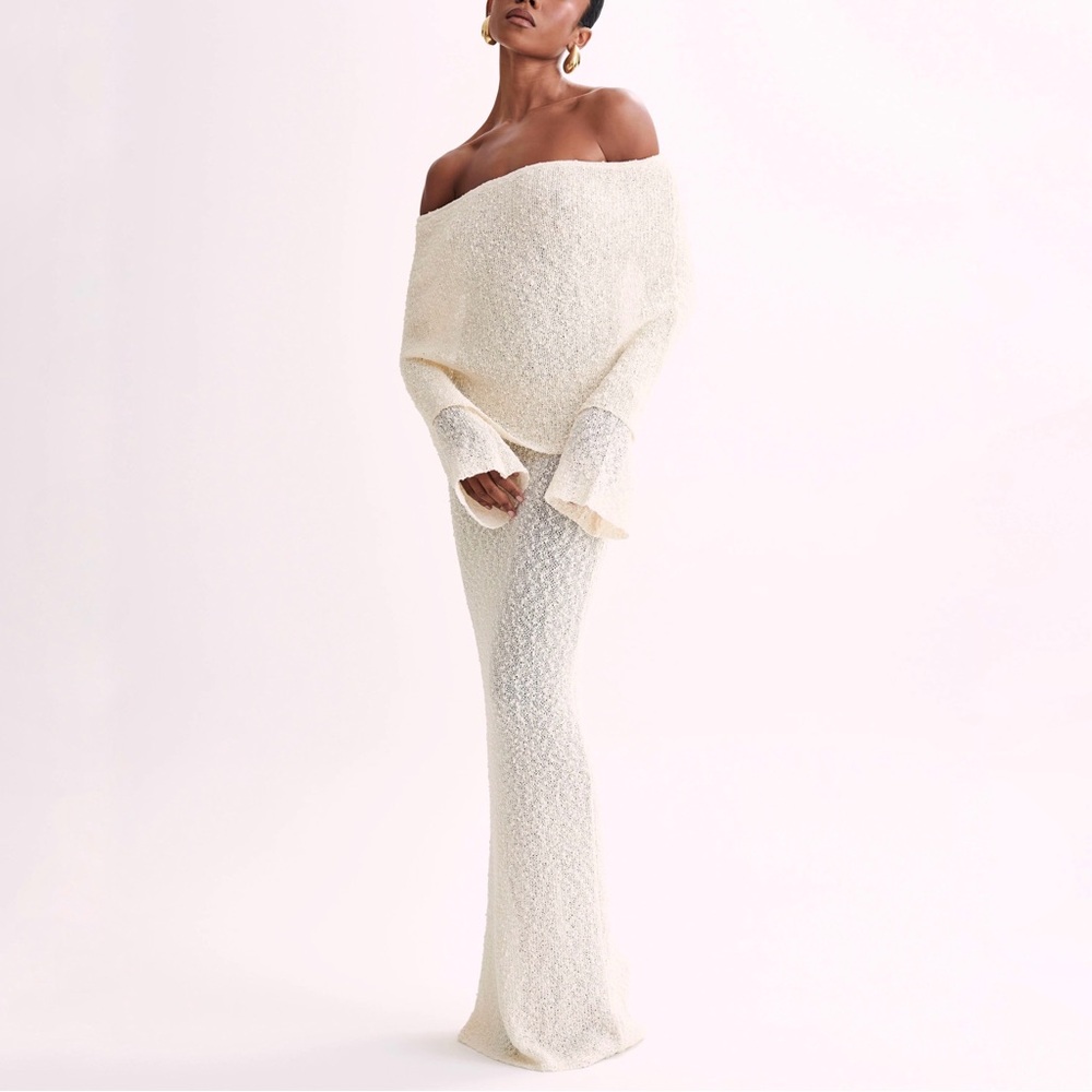 MESHKI Marisol Off Shoulder Boucle Maxi Dress SMALL